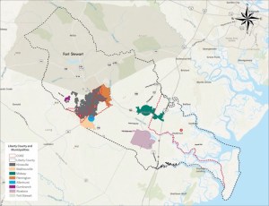MAP: Municipalities within Liberty County. Source: Developed based on Liberty Consolidated Planning Commission and FEMA CDRZ